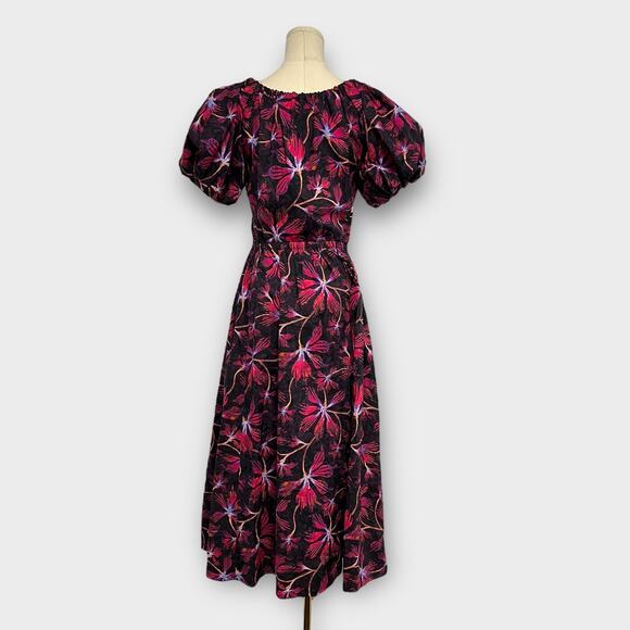 Ulla Johnson Cecile Floral-Print Puff Sleeve Midi Dress in Zinnia Red Size 4 - Picture 3 of 9